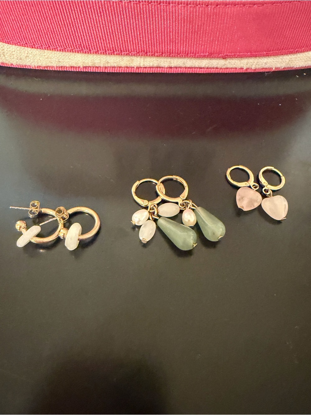 Gold Hoop Earrings with Pink and Green Gemstone Drops - Women Jewelry